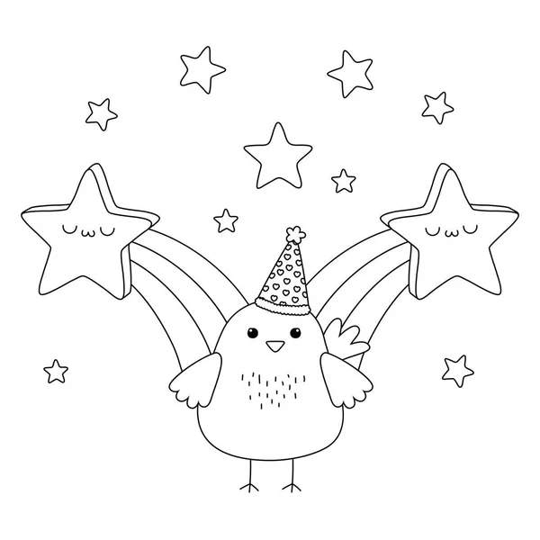 Dibujos animados de pollo con un diseño de iconos de cumpleaños feliz. — Vector de stock