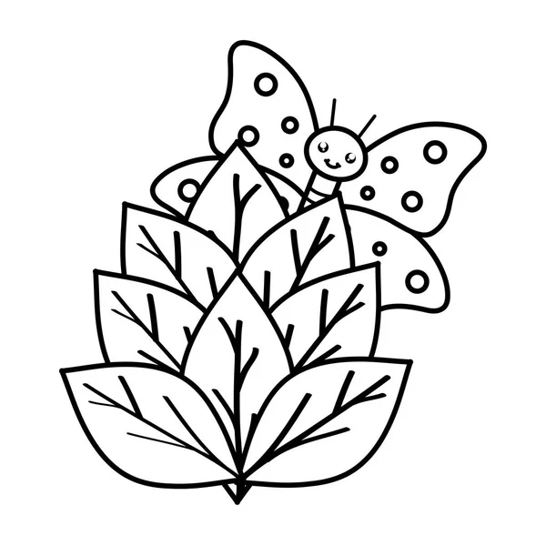 Listoví rostliny zahrada s motýly kawaii znaky — Stockový vektor