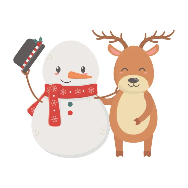 Rendieren en sneeuwman met hoed viering vrolijk kerstfeest — Stockvector
