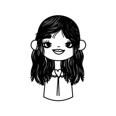 Siyah uzun saçlı, sıralı, gülümseyen tatlı kız.