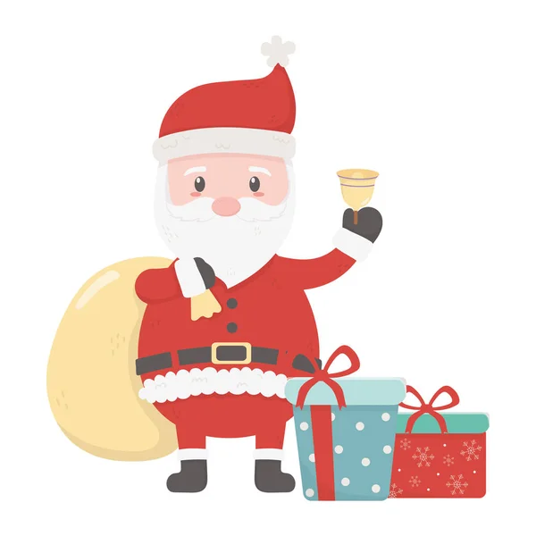 Santa avec sonnerie de sac et de cadeaux célébration joyeux Noël — Image vectorielle