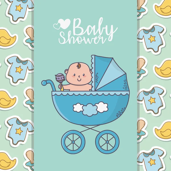 Baby shower petit garçon en pram avec bodysuit canards arrière-plan — Image vectorielle