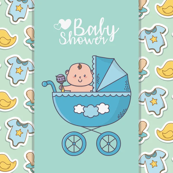 Baby shower little boy in pram with bodysuits ducks background — Stock Vector