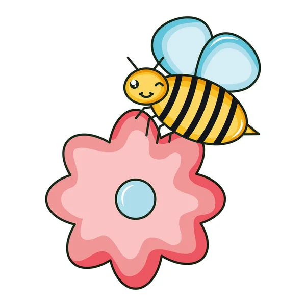 Jardín de flores con poco carácter kawaii volador de abejas — Vector de stock