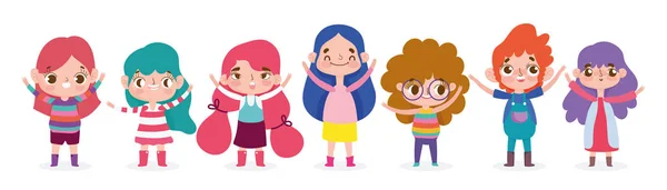Мультиплікаційний персонаж анімація маленькі дівчата і хлопчики позує — стоковий вектор