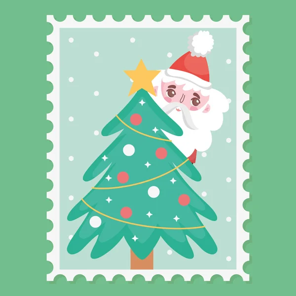 Santa e decorativa árvore estrela bolas alegre carimbo de natal — Vetor de Stock