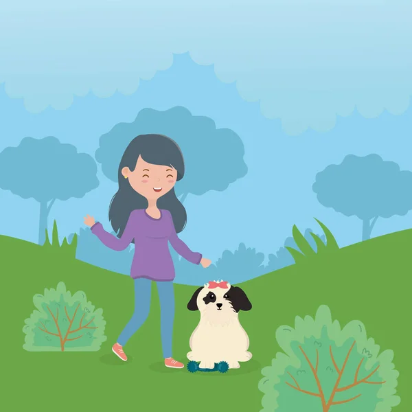 Happy girl and dog with toy in the park pet care — Stockvektor