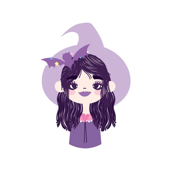Happy halloween celebration girl with hat witch bat — Stock Vector