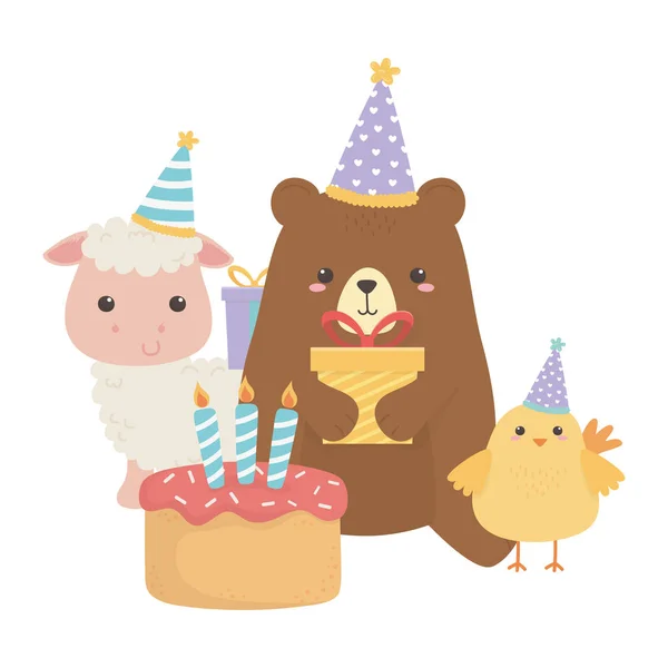 Bear sheep and chicken with happy birthday icon design