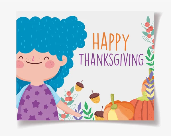 Happy thanksgiving family, cute little girl with pumpkins and acorns — Stock Vector