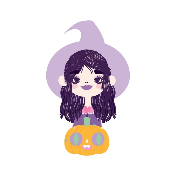Šťastný halloween oslava dívka s kloboukem čarodějnice a dýně — Stockový vektor
