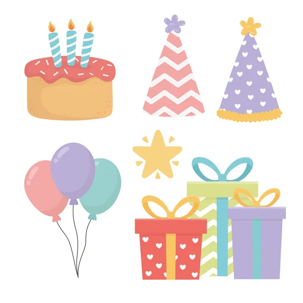 Felices juegos de iconos de la celebración del cumpleaños — Archivo Imágenes Vectoriales