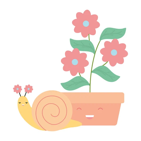 Flores de jardín plantan en pote con caracol al estilo kawaii. — Vector de stock