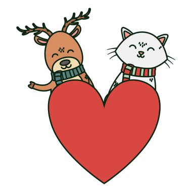 Geyik ve beyaz kedi kalbi sever. Mutlu Noeller.