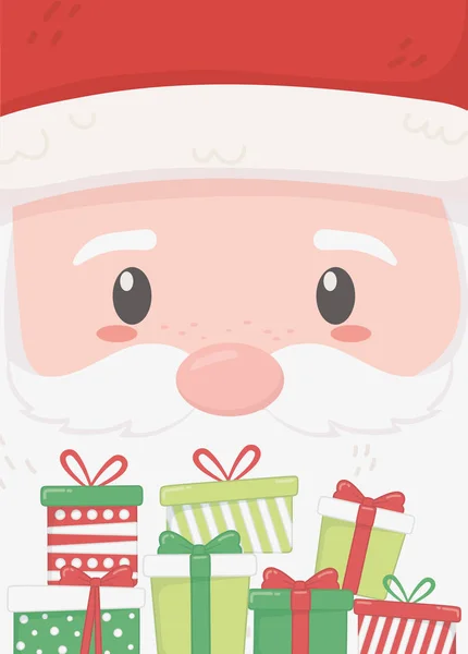 Santa face and gifts merry christmas card — Vector de stock