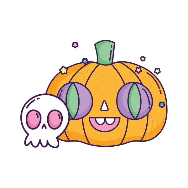 Happy halloween celebration scary skull and pumpkin cartoon — Vector de stock