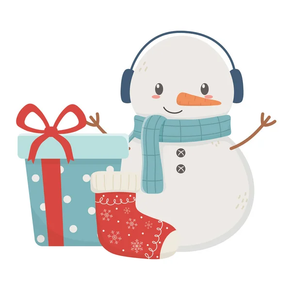 Snowman gift box sock celebration merry christmas — Stock Vector