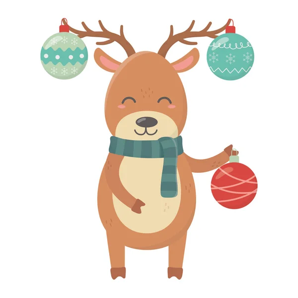 Reindeer with hanging balls horns celebration merry christmas — Stock vektor