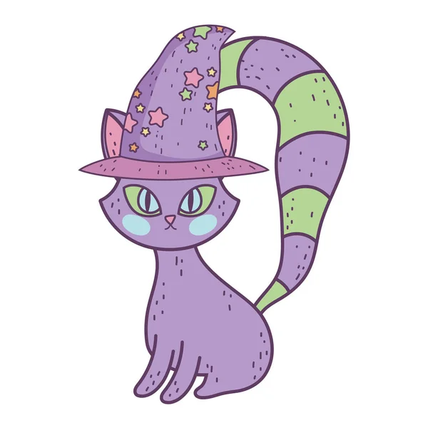 Счастливый праздник Хэллоуина фиолетовый кот сидит в шляпе — стоковый вектор