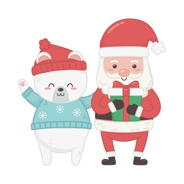 Hediyeli şirin Noel Baba ve kutup ayısı hayvanlı mutlu Noeller.