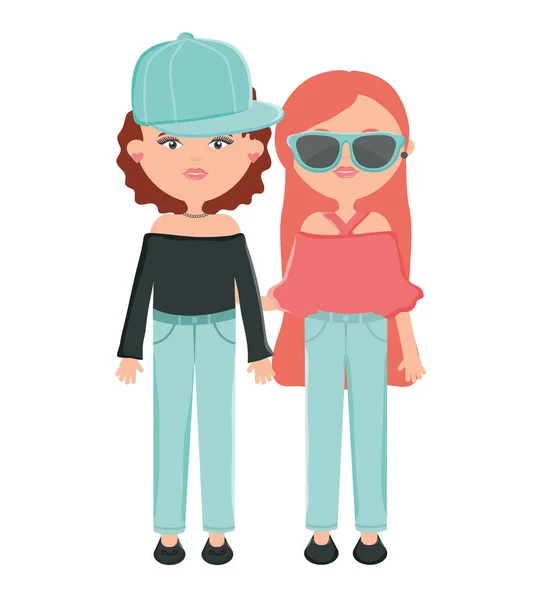 Carino ragazze con sport cap e occhiali da sole personaggi — Vettoriale Stock