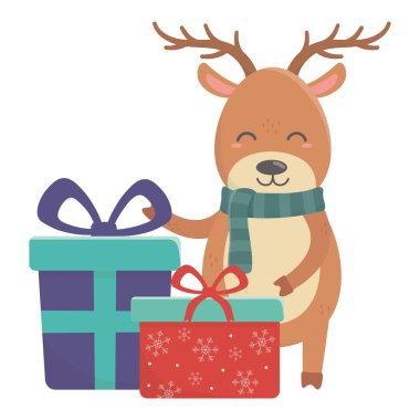 reindeer with gift boxes celebration merry christmas