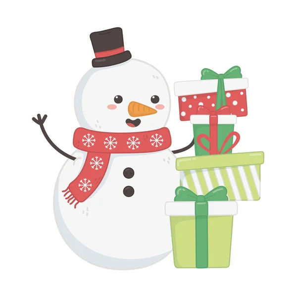 Snowman with stacked gift boxes decoration merry christmas — Stock Vector
