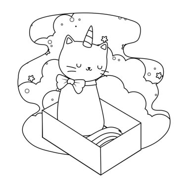 Tek boynuzlu at kedi çizgi film vektör tasarımı