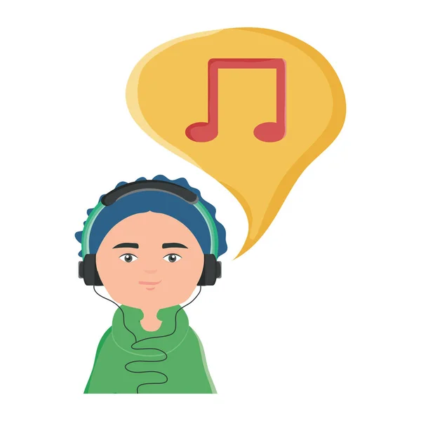 Happy young boy listening music with earphones and speech bubble — Stock Vector