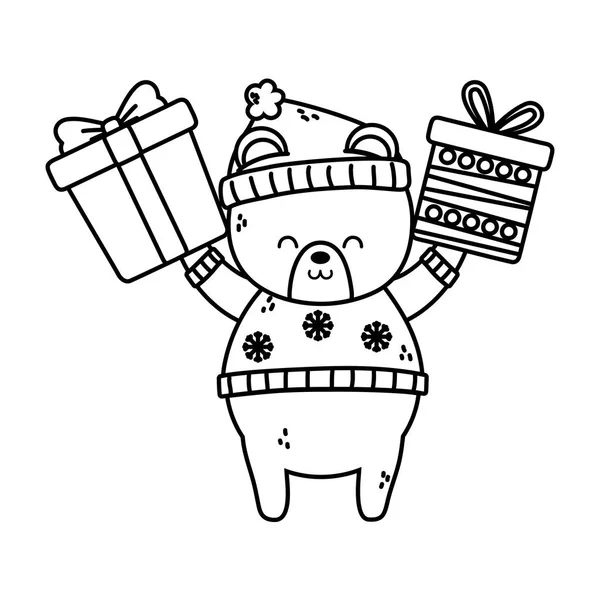 Cute niedźwiedź polarny ręce w górę z prezentów Wesołych Świąt gruba linia — Wektor stockowy