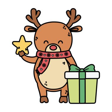 Yıldız ve hediye dekorasyonlu ren geyiği Mutlu Noeller
