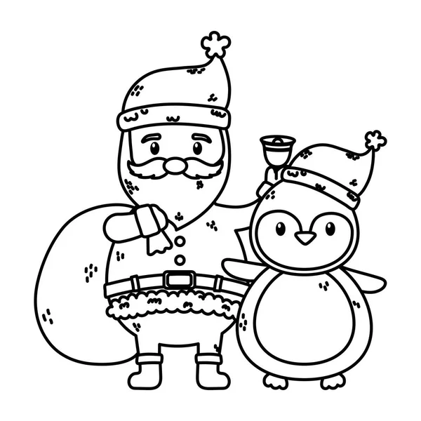 Weihnachtsmann mit Tasche und Pinguin feiern frohe Weihnachten dicke Linie — Stockvektor