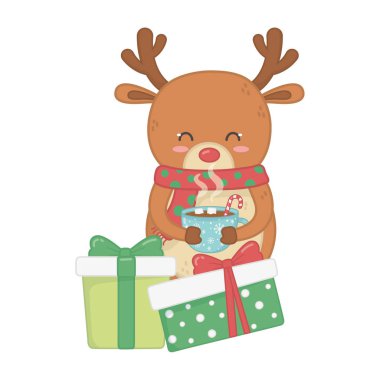 reindeer holding chocolate cup and gifts decoration merry christmas