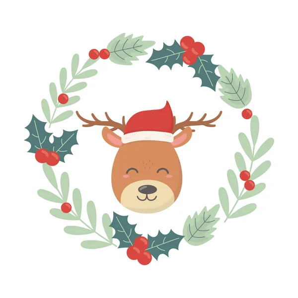 Deer with hat wreath holly berry decoration celebration merry christmas — Archivo Imágenes Vectoriales