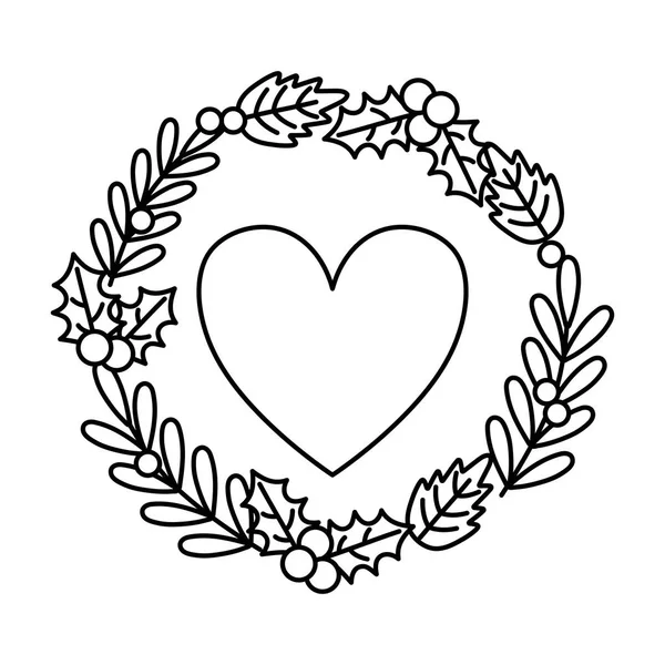 Heart with wreath holly berry decoration celebration merry christmas thick line — Stockvektor