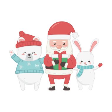 cute santa with gift rabbit polar bear animal merry christmas