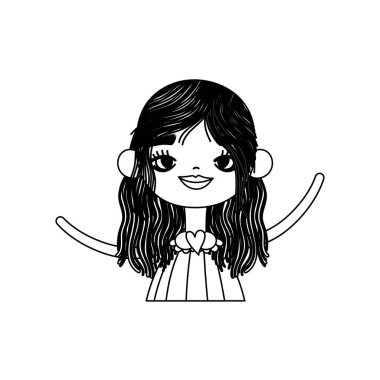 Siyah uzun saçlı, sıralı, gülümseyen tatlı kız.