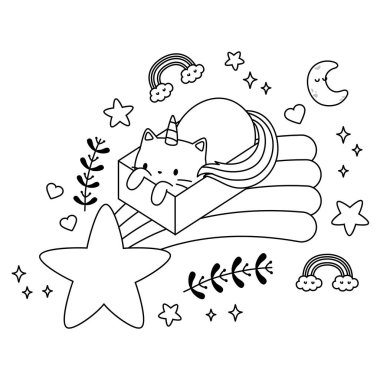 Tek boynuzlu at kedi çizgi film vektör tasarımı