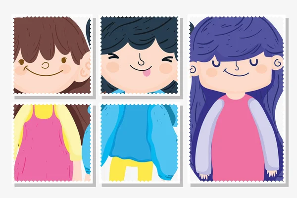 Happy children day, cute girls and boy cartoon characters — Vector de stock