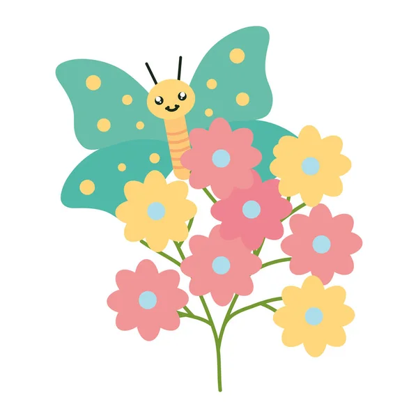Flowers garden plant with beautiful butterfly kawaii — Stockový vektor