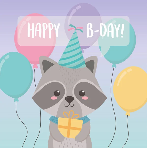 Birthday card with little raccoon character — Vector de stock