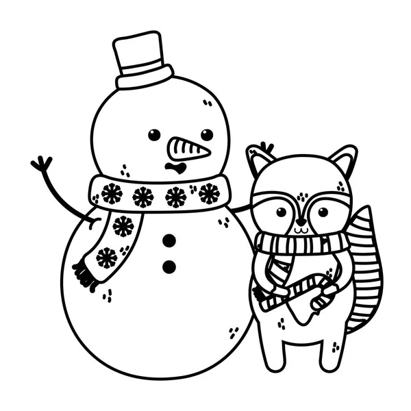 Милий сніговик з єнотом з цукерковою тростиною весела різдвяна товста лінія — стоковий вектор