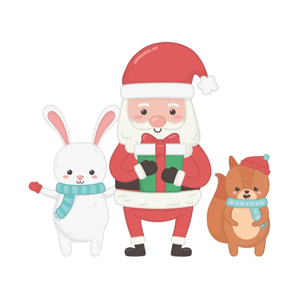 Cute santa rabbit and squirrel with gift merry christmas — стоковый вектор