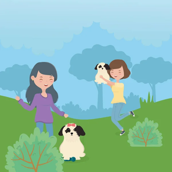 Women with dogs playing park pet care — Vector de stock