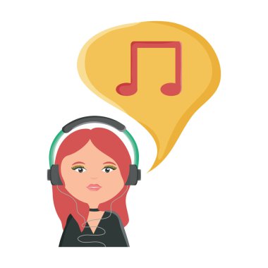 Kulaklıklı, müzik ve konuşma baloncuğu dinleyen hoş bir kadın.