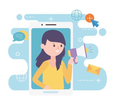 woman smartphone speaker marketing network social media