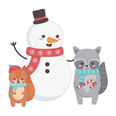 snowman squirrel and raccoon with scarf celebration merry christmas