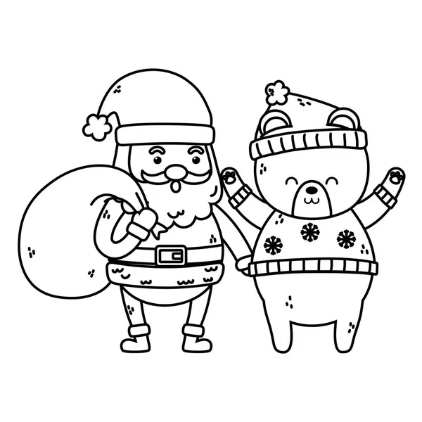 Cute santa with bag and polar bear merry christmas thick line — Stockvector