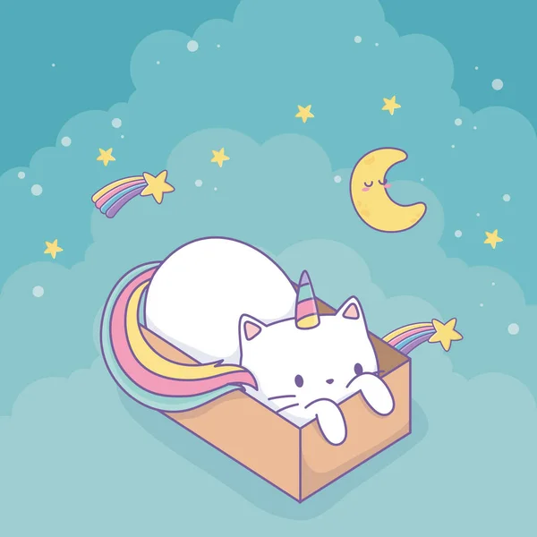Cute cat with rainbow tail in carton box kawaii character — ストックベクタ