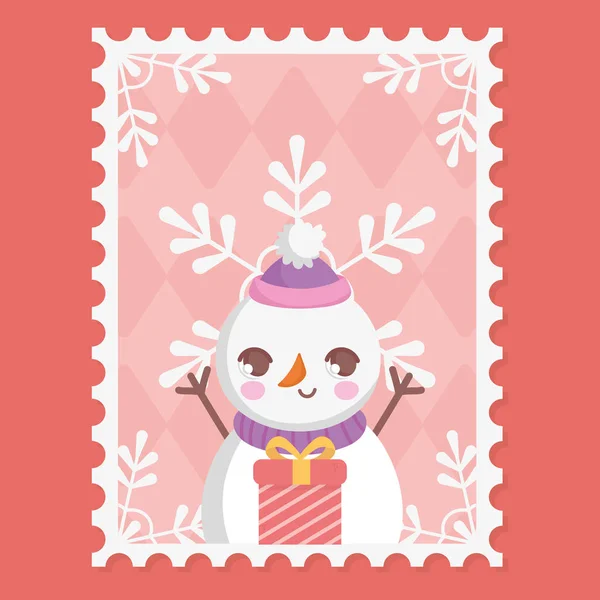 Snowman gift box and snowflakes merry christmas stamp — Wektor stockowy
